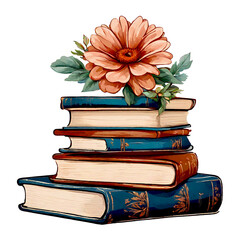 Books and Flowers illustration. Vintage retro style. Boho style. 