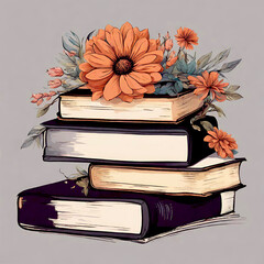Books and Flowers illustration. Vintage retro style. Boho style. 
