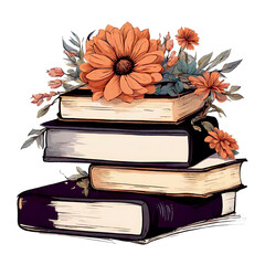 Books and Flowers illustration. Vintage retro style. Boho style. 