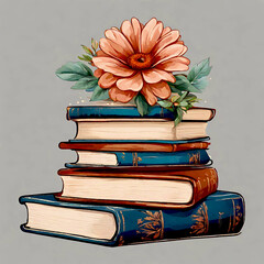 Books and Flowers illustration. Vintage retro style. Boho style. 