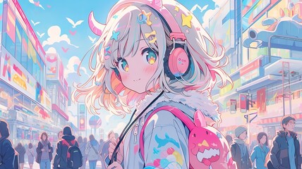 A girl walking on the streets of Harajuku, listening to music with stylish headphones 80s anime rainbow retro fashion