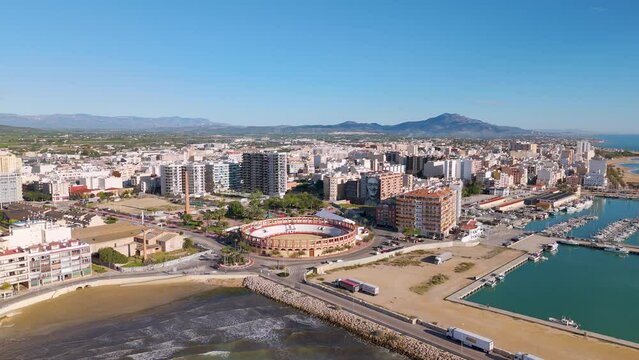 Aerial drone view of the bullring in the coastal town of Vinaròs in Spain