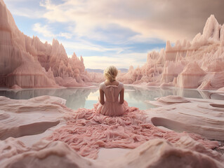 Pastel-Colored Dream: Woman in Dress on Frozen Island