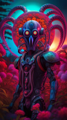 Fototapeta premium alien cyborg exploring alien planet with many plants, science fiction scenery, generative ai illustration, concept, painting style, sky and clouds