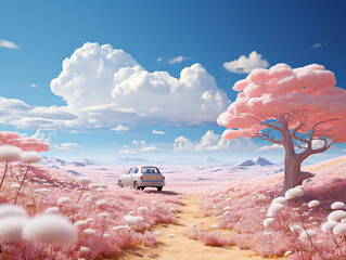 Dreamy Pastel Pink Forest: Car Amidst the Magic