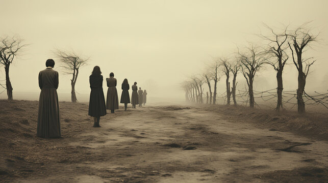 handmaids stand on rural landscape