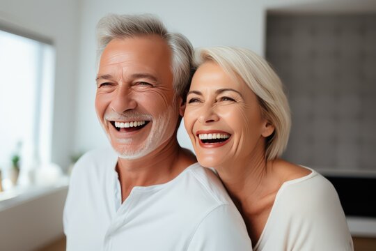 Loving mature couple sharing laughter sight reminding love source of joy and happiness. Grey-haired married couple in love sharing laughter serves reminder love wellspring of joy