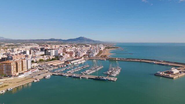 Aerial drone view of the marina in the coastal town of Vinaros in Spain