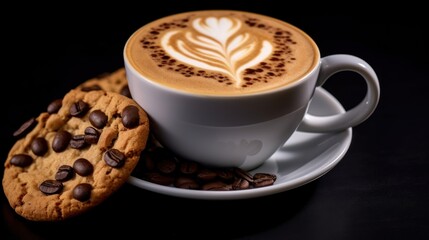 Cup of coffee with latte art and cookies on black background. Latte Art Concept With Copy Space