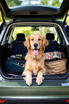 Dog sits in car trunk waiting for owner to return with ears perked up listening for sign. Domestic pet sitting in open car trunk waits return to home guarding owner things. Vertical photo.