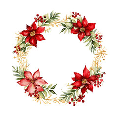 Christmas wreath with Poinsettia flowers, cranberry and holly berry and golden line border for holiday card decor