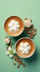 Obraz na płótnie Canvas Coffee cups with flowers and marshmallows on green background. Latte Art Concept With Copy Space