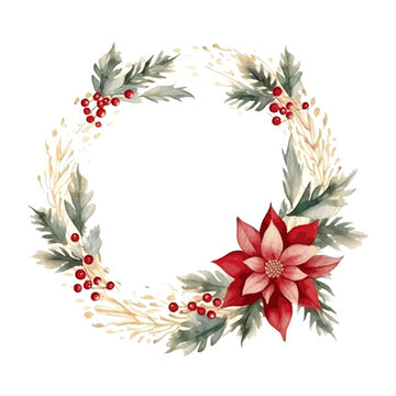 Christmas wreath with Poinsettia flowers, cranberry and holly berry and golden line border for holiday card decor