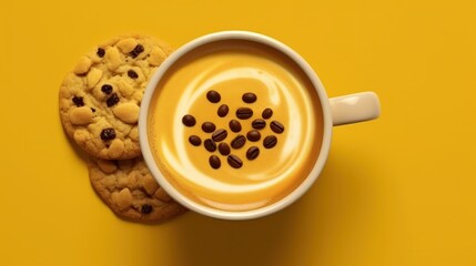 Cup of coffee with cookies on yellow background. Top view. Latte Art Concept With Copy Space