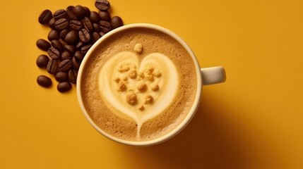 Cup of coffee latte art with heart shape and coffee beans on yellow background. Latte Art Concept With Copy Space