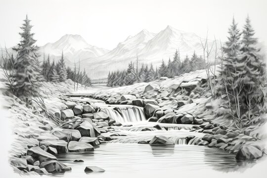Mountain stream sketch pencil drawing detailed