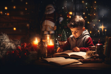 A little boy writes a letter with wishes to Santa Claus surrounded by Christmas decor. Concept of Christmas and New Year holidays.