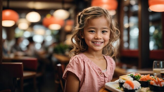 Close-up high-resolution image of a cheerful girl at a sushi and sashimi restaurant. Generative AI.