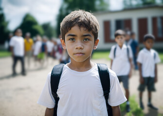 Elementary school student stands in front of school with fellow pupils in the background. Portrait of a boy outside the school with classmates in the background