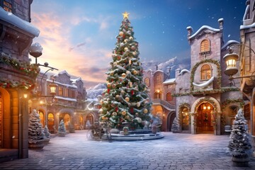 traditional christmas village in the snow. with huge decorated christmas tree Winter village landscape. Celebrate the Christmas and New Year holidays Christmas card. Christmas concept