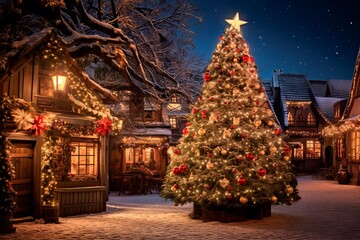 Fototapeta premium traditional christmas village in the snow. with huge decorated christmas tree Winter village landscape. Celebrate the Christmas and New Year holidays Christmas card. Christmas concept