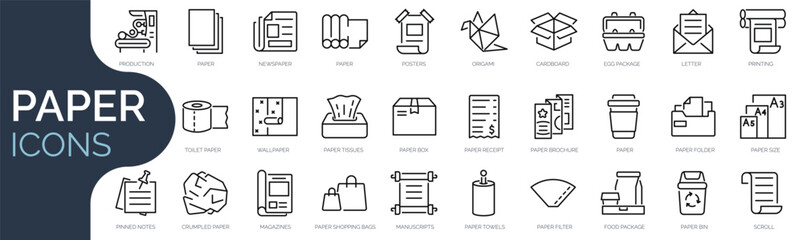 Set of outline icons related to paper. Linear icon collection. Editable stroke. Vector illustration - obrazy, fototapety, plakaty