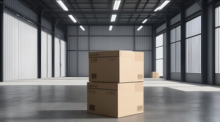 Closeup of two cardboard box packages in a warehouse fulfillment center, a snapshot of e-commerce, delivery, automation and products.