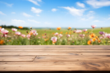 Empty wooden table light brown wood texture Blurred background, natural view Flower garden and blurred mountains