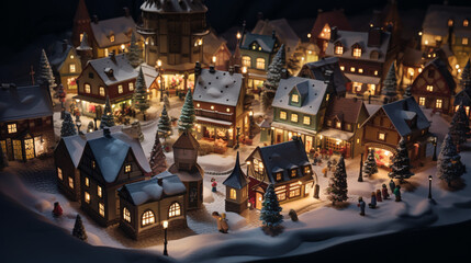 Realistic cozy small Christmas town by night isometric or birds eye view  - obrazy, fototapety, plakaty