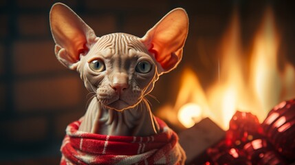Sphinx cat in a Santa Claus hat. Presents, blurred lights of Christmas tree background. Merry Christmas. Sphinx cat. Horizontal banking background for web. Photo AI Generated