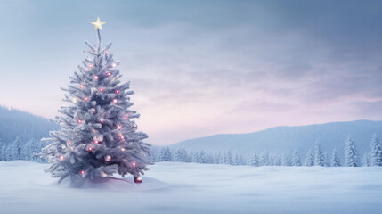 Winter's Beauty: Snowy Landscape with Illuminated Christmas Tree