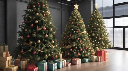 Three big christmas trees surrounded by presents in an empty house living room with a sepia look, beautiful blurry hidden light indoor background.