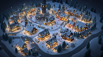 Obraz premium Realistic cozy small Christmas town by night isometric or birds eye view 