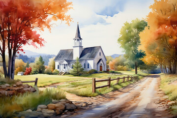 Wooden old church in a beautiful autumn rural landscape, watercolor illustration generated by AI