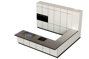 modern kitchen isolated on white background, home furniture, 3D illustration, cg render