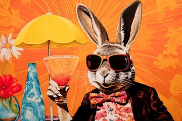 A bunny with sunglasses in drinking a margarita with a parasol  - 670654973