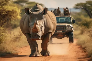 Schilderijen op glas Big rhino walks leisurely along the road as a car follows the creature into the center of the safari. A wild rhino walks along a sandy road with a car chasing them from behind. © Stavros