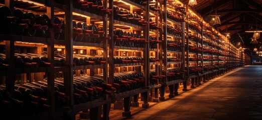 rows of wine bottles at a winery Generative AI