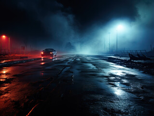 Blue neon searchlight light, wet asphalt, smoke, and rays create a dark empty scene in a night view.