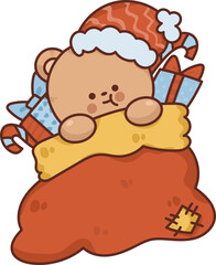 Collection of Christmas cartoons isolated on a white background. Little Santa with gifts and holiday decorations; cute card. Super cute cartoon character, illustration, hand drawn, vector