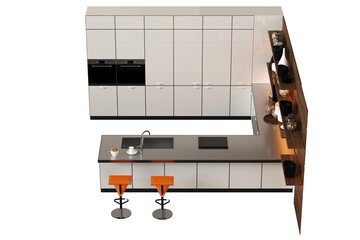 modern kitchen isolated on transparent background, home furniture, 3D illustration, cg render