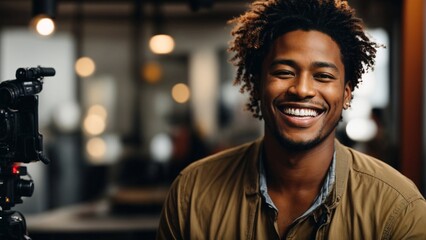 Close-up high-resolution image of a man smiling at camera in a TV studio. Generative AI.