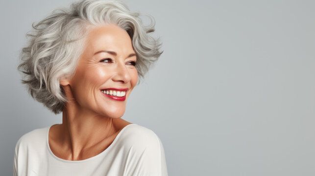 a mature lady with nice and soft skin smiling with healthy and white teeth
