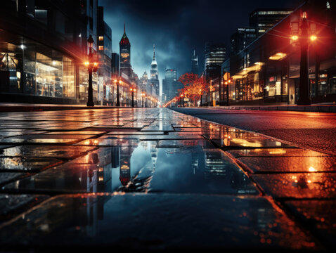 Dark Street Reflection On Wet Asphalt, Fog, And Night City With Rays Of Neon Light And Smoke.