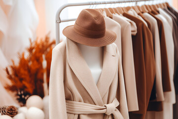 A seasonal wardrobe featuring coats and hats in earthy, natural hues, suitable for winter or autumn