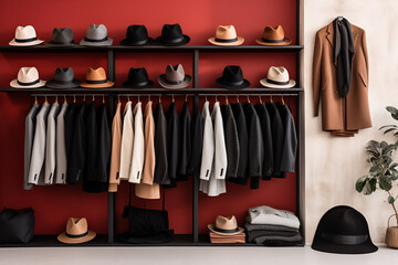 Mens wardrobe with suits and hats