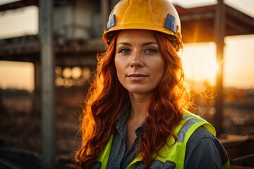 A portrait of a proud, strong, and skilled redhead female smirking construction worker wearing a hard hat during autumn sunset with sun flares in the background. Generative Ai.