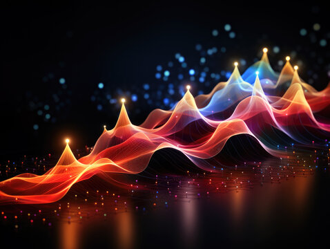 Colorful particle wave with bokeh, big data stream futuristic infographic showcasing data sorting flow process.