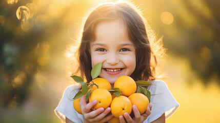 Fototapeta na wymiar happy little girl with oranges in hands. fruit harvest