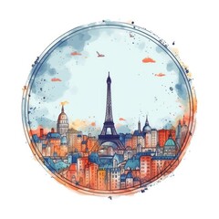 A circle shape frame with center space of Paris city skyline in simple doodle color cartoon style. beautiful Generative AI AIG32